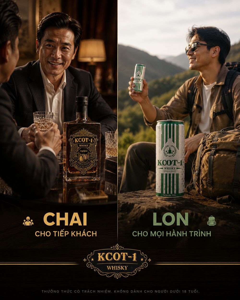KCOT-1 Whisky - Chai thủy tinh cho tiếp khách, Lon nhôm cho mọi hành trình